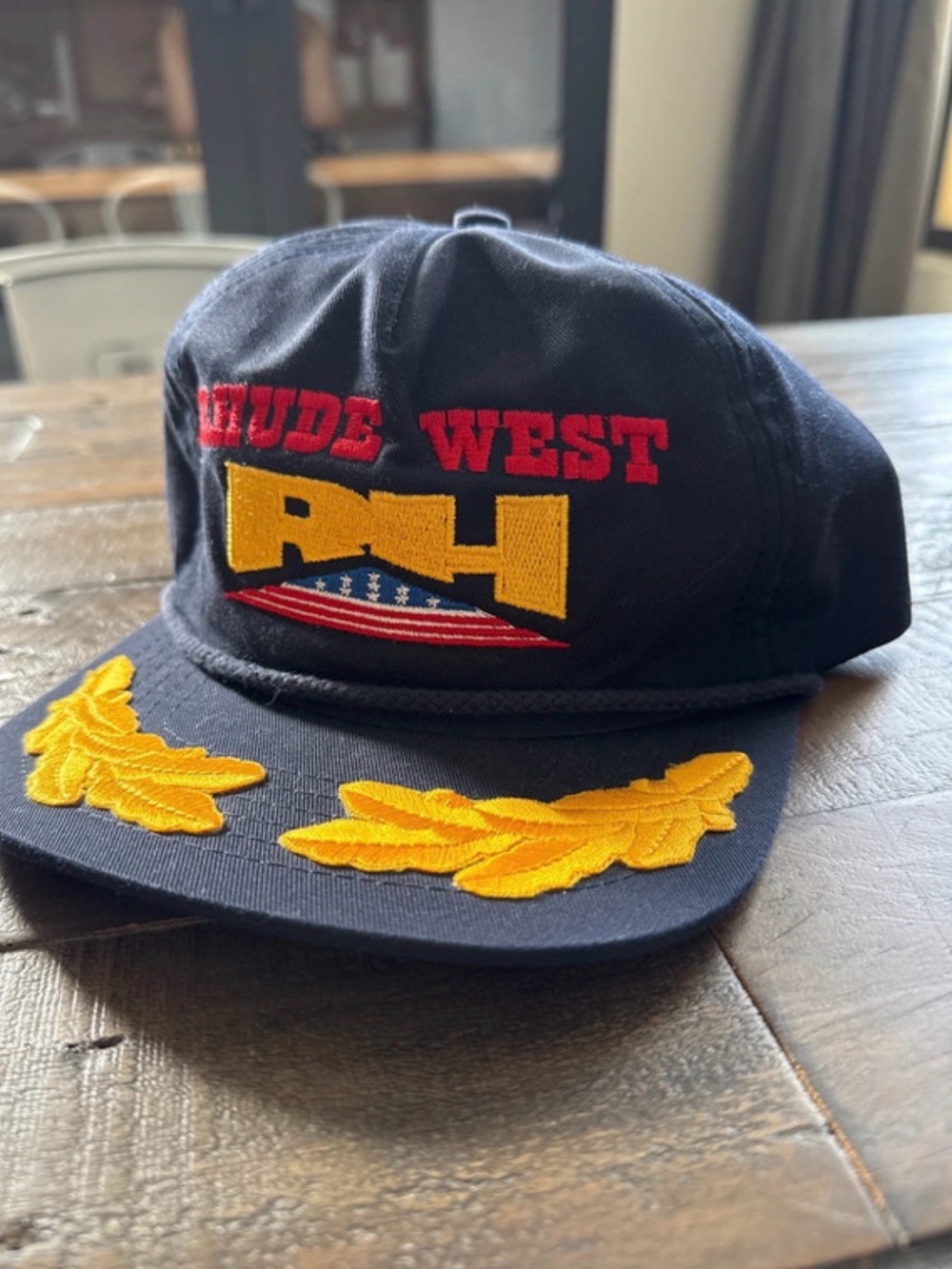 Rhude Navy Cap with Yellow Embroidered Laurel and Red Accents